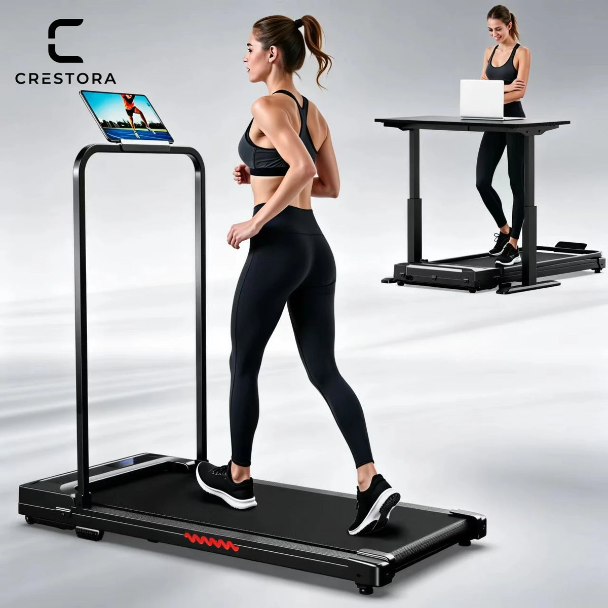 Crestora Foldable Walking Pad 2.0hp 1-6km/H Portable Treadmill with Handrail Under Desk Jogging Machine 120Kg Capacity for Home