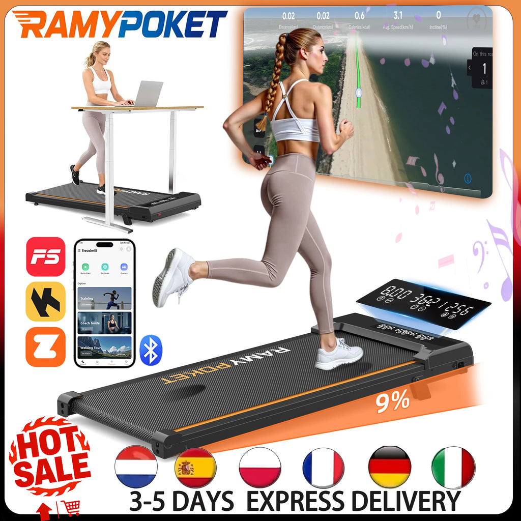 RAMYPOKET Walking Pad Treadmill with 9% Incline APP Control Silent Motor Triple Display Screen Max Load 120KG 1–8KM/H Folding Treadmill for Home Office Under Desk