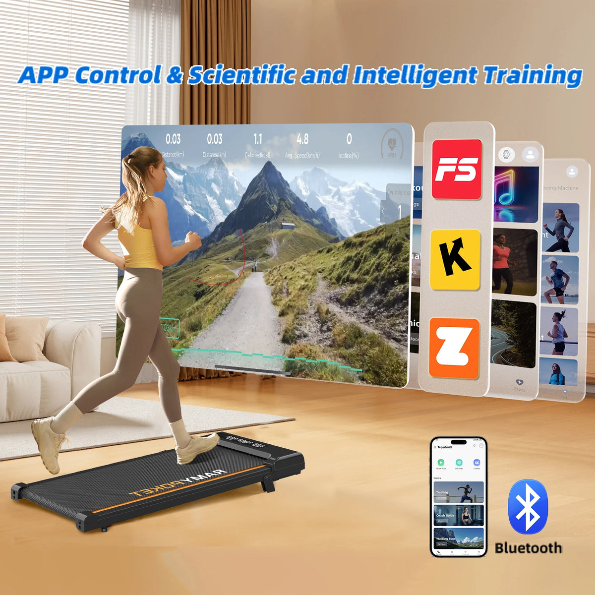 RAMYPOKET Walking Pad Treadmill with 9% Incline APP Control Silent Motor Triple Display Screen Max Load 120KG 1–8KM/H Folding Treadmill for Home Office Under Desk
