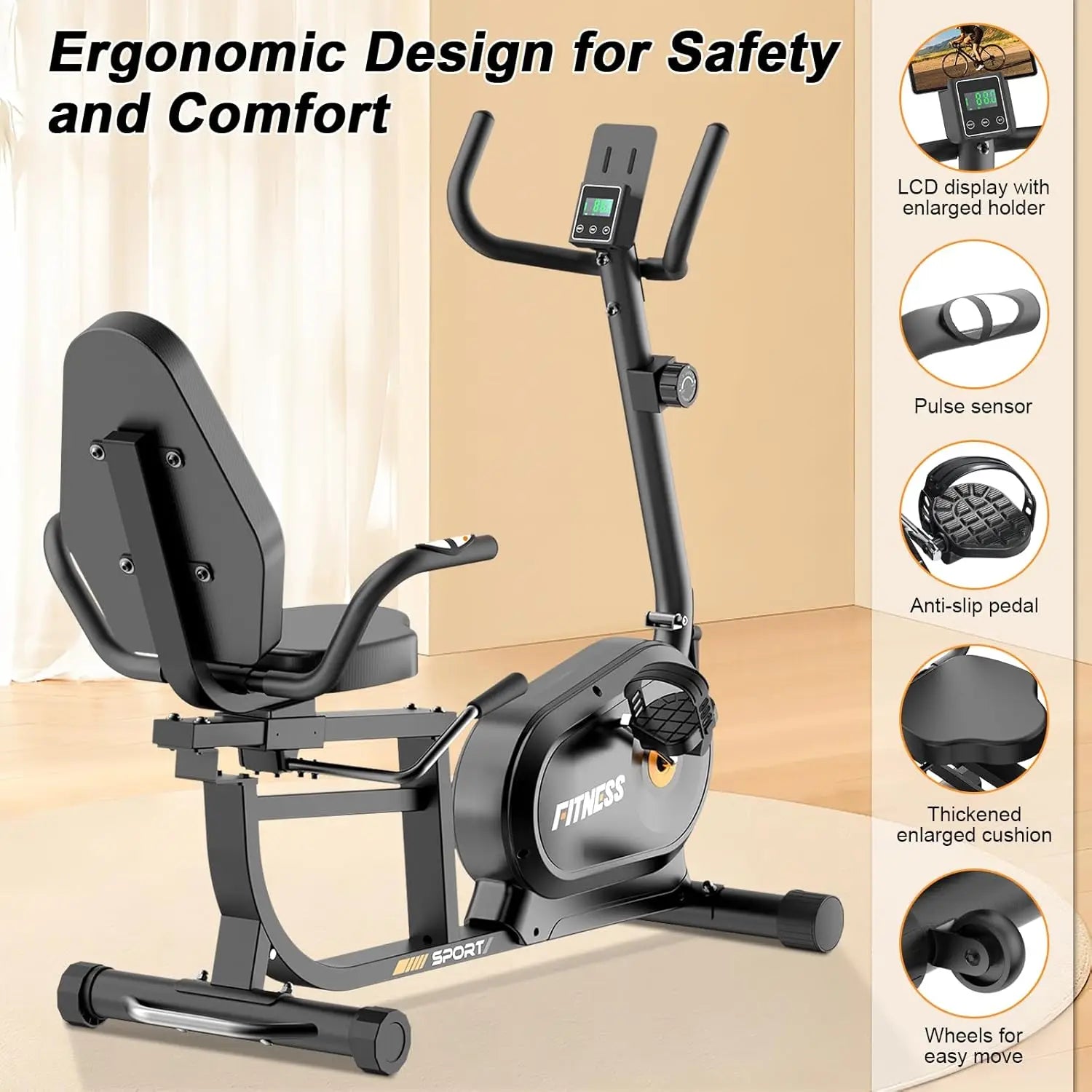 GartistGo 5-in-1 Exercise Bike with 16 Levels Magnetic Resistance and 150kg Load Capacity, Recumbent Exercise Bike with Backrest and LCD Display, Heart Rate Handles With Yoga Mat