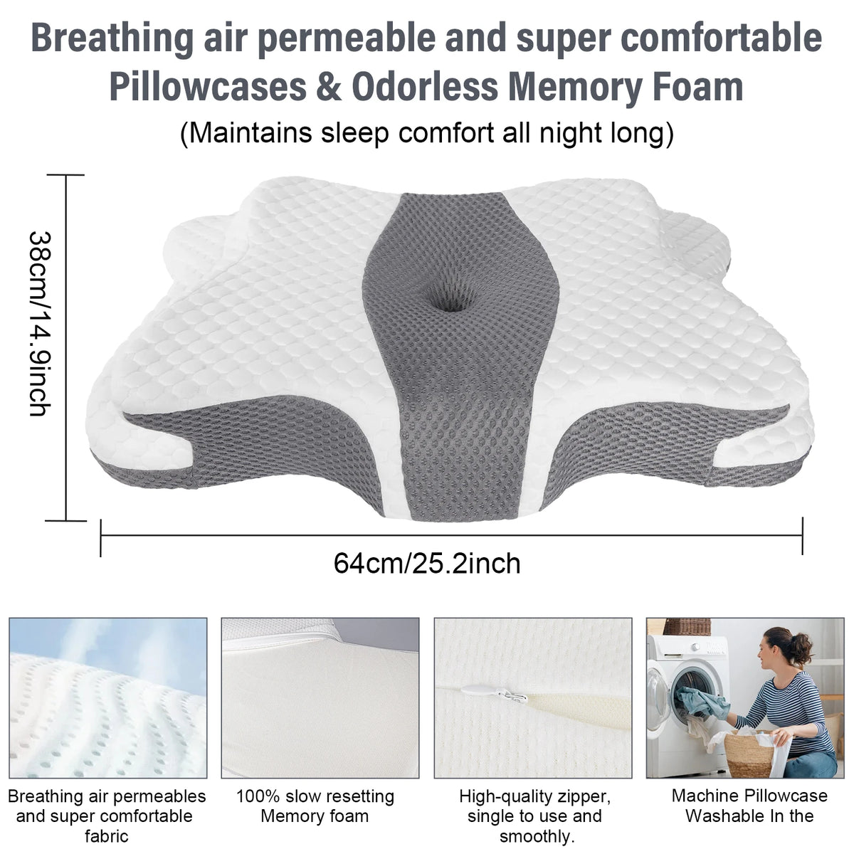 Ergonomic Butterfly Neck Support Pillow, Slow Rebound Memory Foam Cervical Pillow, Breathable Skin-friendly Washable Pillowcase for Neck Pain Relief Deep Sleep