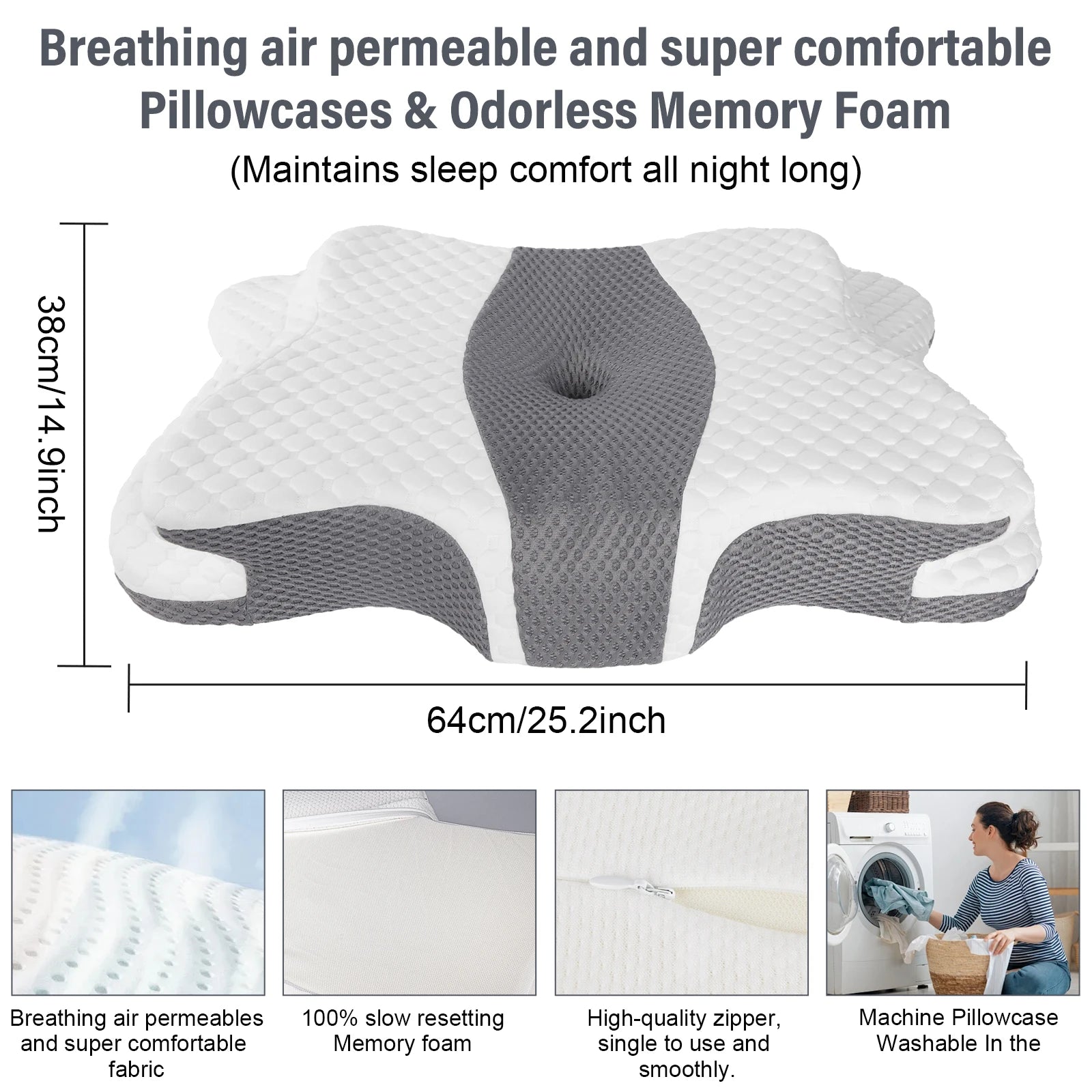 Ergonomic Butterfly Neck Support Pillow, Slow Rebound Memory Foam Cervical Pillow, Breathable Skin-friendly Washable Pillowcase for Neck Pain Relief Deep Sleep