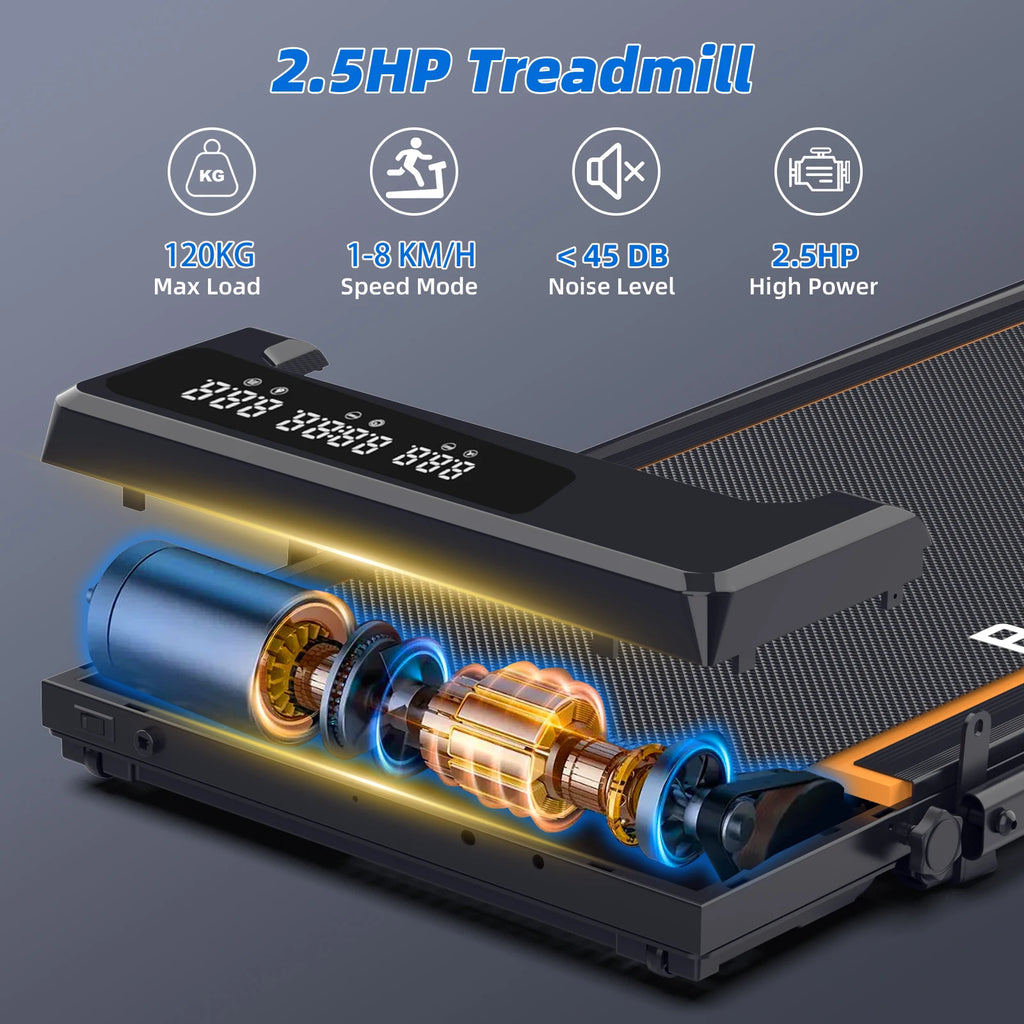 RAMYPOKET Walking Pad Treadmill with 9% Incline APP Control Silent Motor Triple Display Screen Max Load 120KG 1–8KM/H Folding Treadmill for Home Office Under Desk