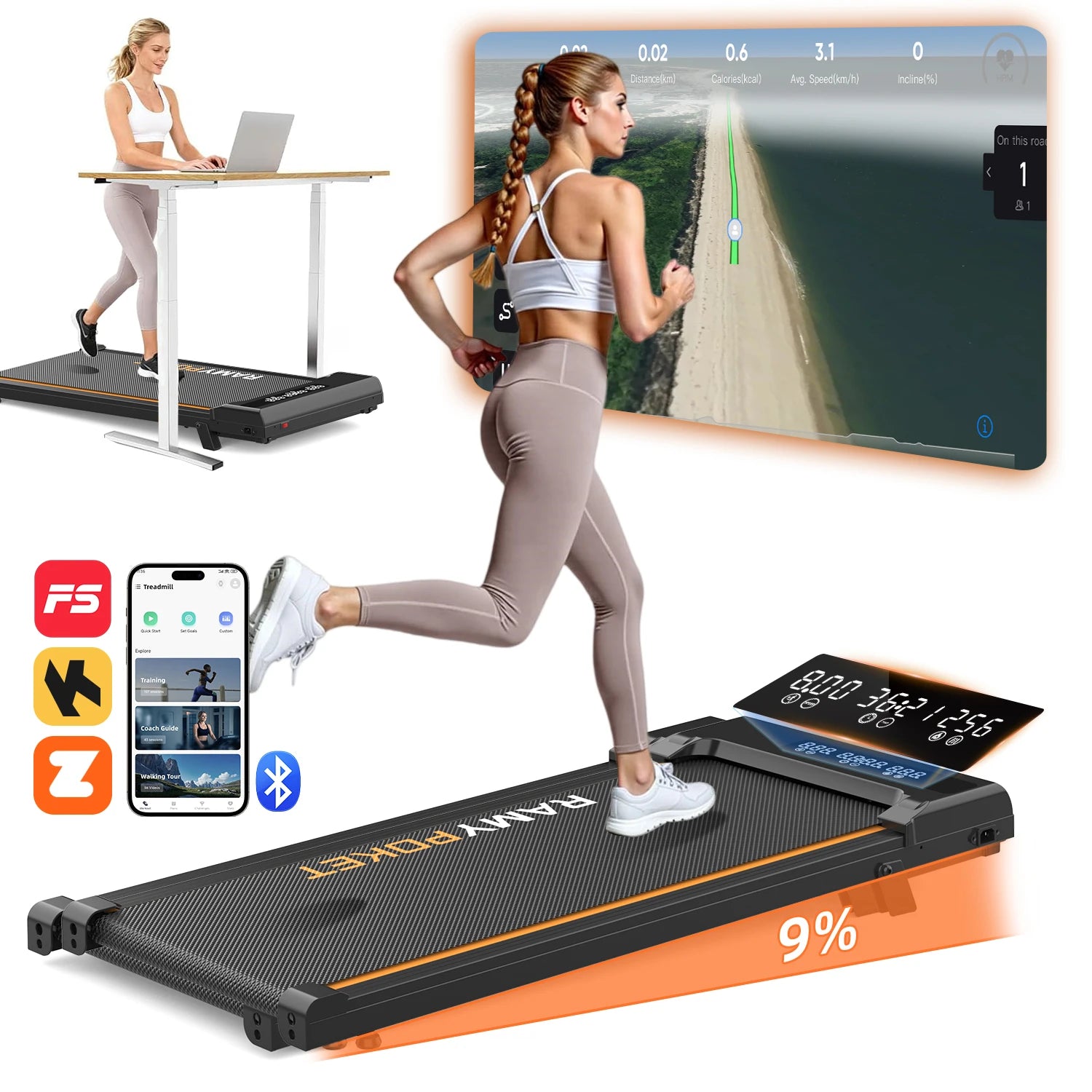 RAMYPOKET Walking Pad Treadmill with 9% Incline APP Control Silent Motor Triple Display Screen Max Load 120KG 1–8KM/H Folding Treadmill for Home Office Under Desk