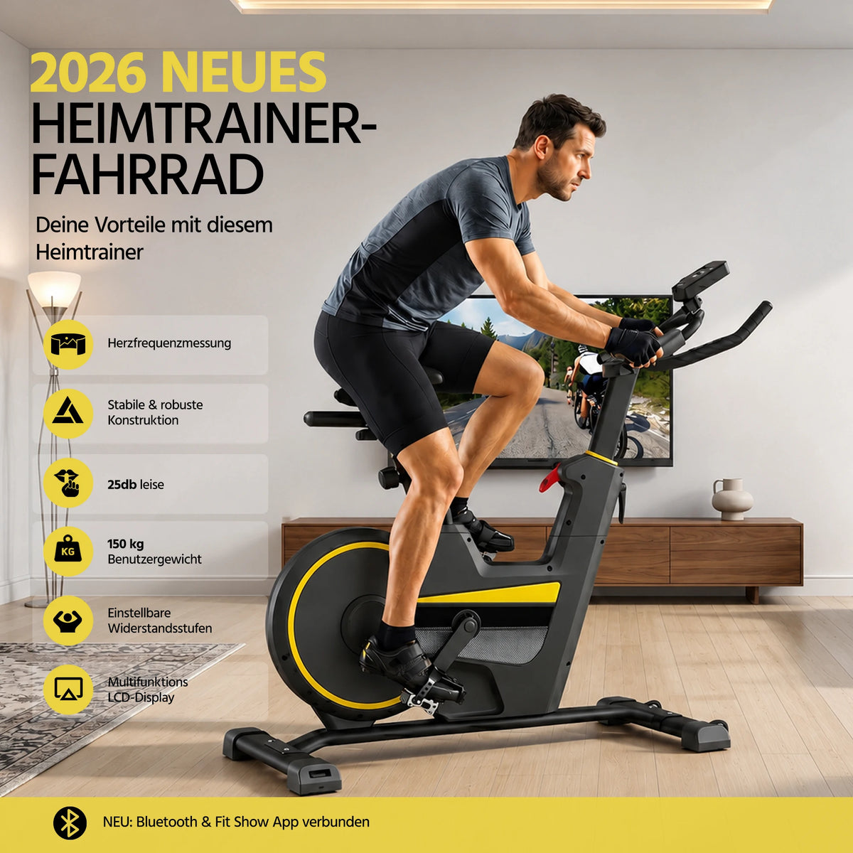 Indoor Stationary Exercise Bike with Smart APP, Ultra Quiet Spinning Bike, Adjustable Resistance, LCD Monitor & Heart Rate Sensor, Max Weight Capacity 160kg Home Fitness Cycling Bike