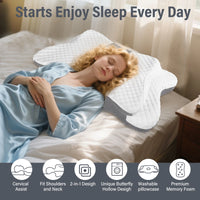 Ergonomic Butterfly Neck Support Pillow, Slow Rebound Memory Foam Cervical Pillow, Breathable Skin-friendly Washable Pillowcase for Neck Pain Relief Deep Sleep
