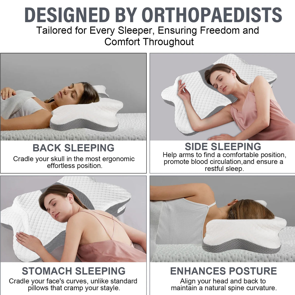 Ergonomic Butterfly Neck Support Pillow, Slow Rebound Memory Foam Cervical Pillow, Breathable Skin-friendly Washable Pillowcase for Neck Pain Relief Deep Sleep