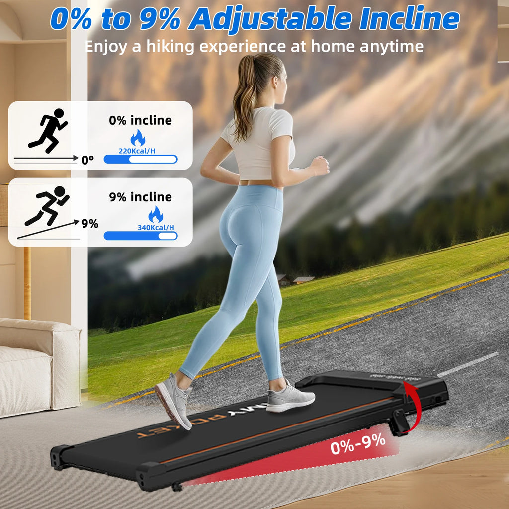 RAMYPOKET Walking Pad Treadmill with 9% Incline APP Control Silent Motor Triple Display Screen Max Load 120KG 1–8KM/H Folding Treadmill for Home Office Under Desk