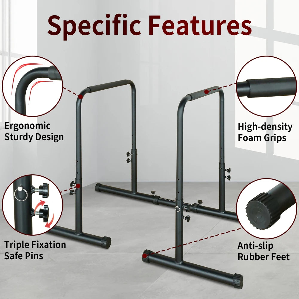 78-99cm Height Adjustable Dip Bar Station 50.8-69cm Adjustable Top Width 99-129cm Extendable Base Parallel Bars 249KG Weight Load Reinforced Steel Non Slip Rubber Feet Multi Functional Home Gym Workout Equipment for Push Up P