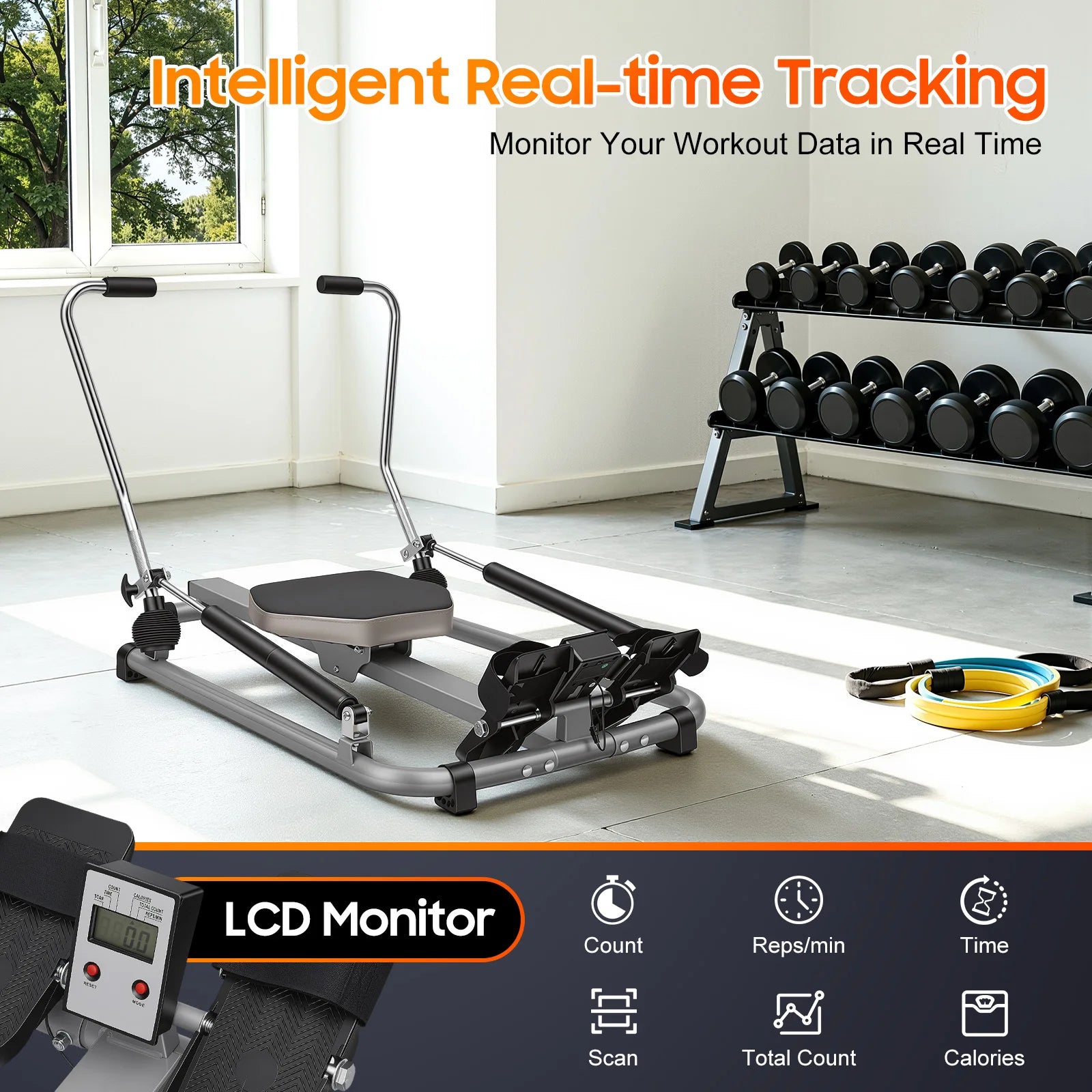 Home Rowing Equipment, Dual-Bar Hydraulic Rowing Machine,  110*61*21cm Indoor Rower With LCD Monitor For Gyms, Homes, Companies