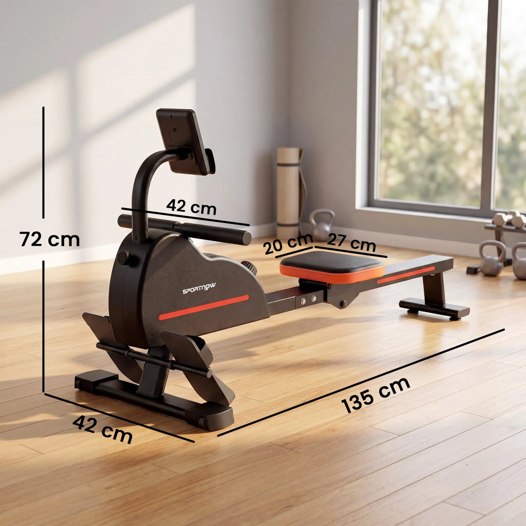 SPORTNOW Magnetic Rower Connected Bluetooth Bodybuilding Device Kinomap & Zwift 16 levels Resistance 135x42x72 Red cm