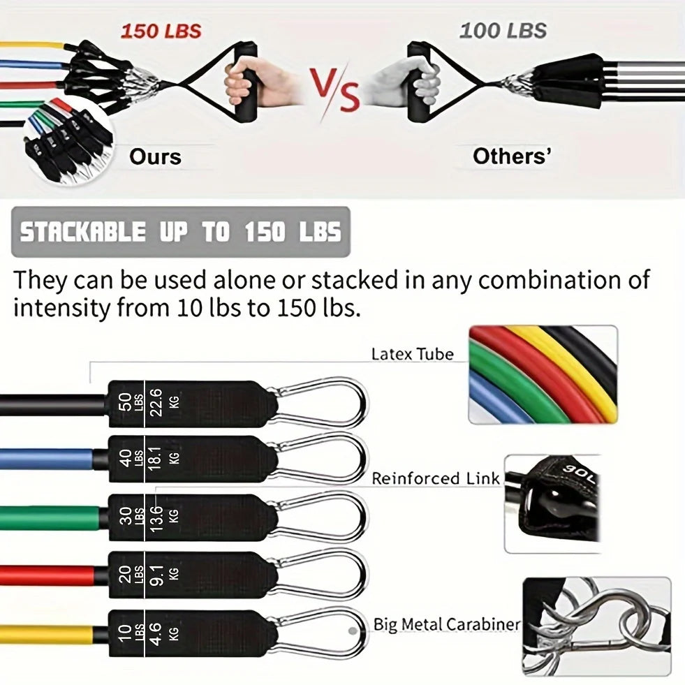 1set 11pcs Resistance Bands Set, Exercise Bands with Door Anchor, Handles, Carry Bag, Legs Ankle Straps for Resistance Training