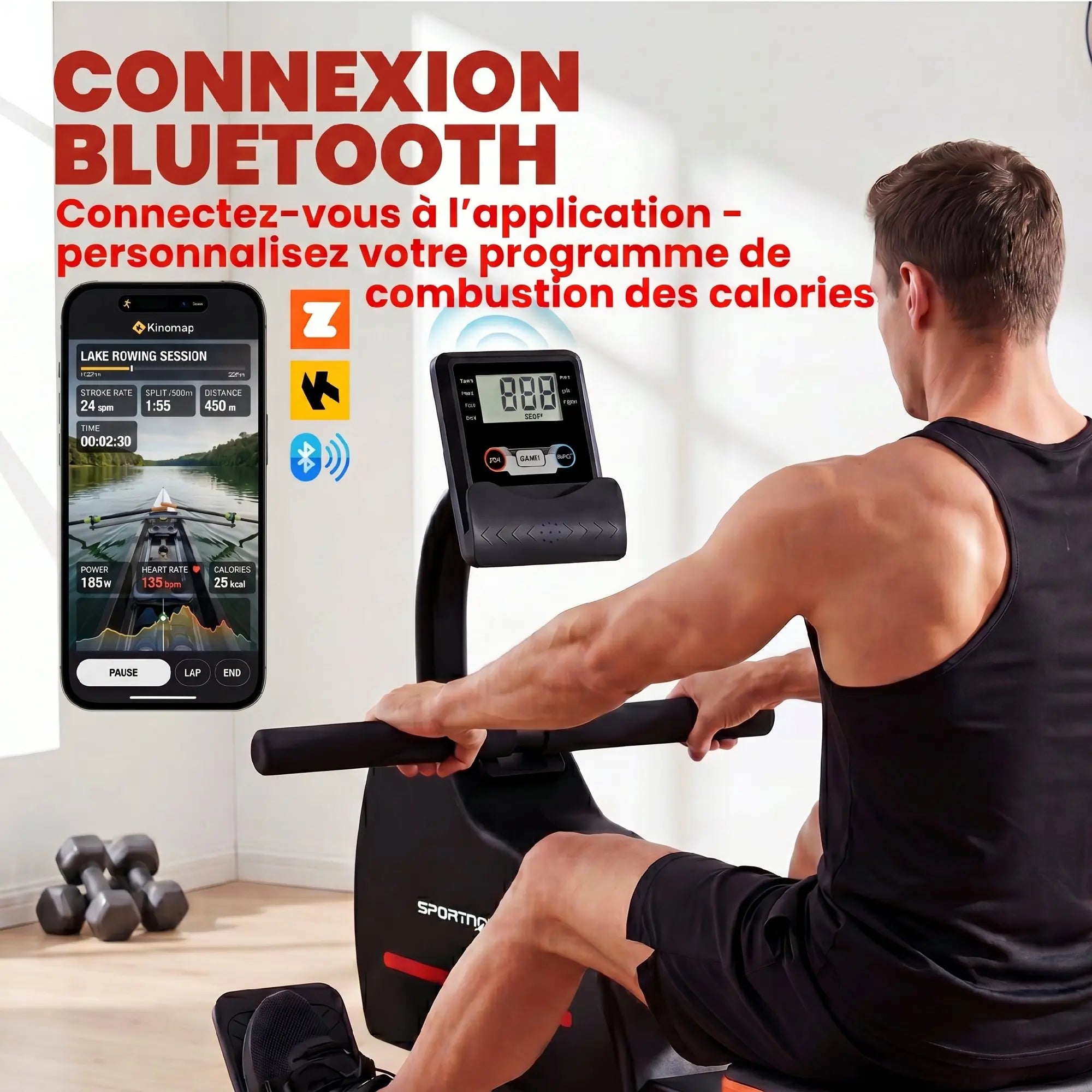 SPORTNOW Magnetic Rower Connected Bluetooth Bodybuilding Device Kinomap & Zwift 16 levels Resistance 135x42x72 Red cm