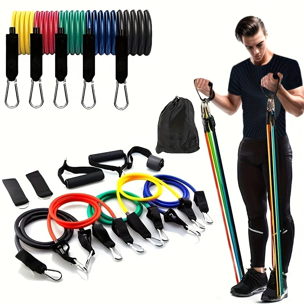 1set 11pcs Resistance Bands Set, Exercise Bands with Door Anchor, Handles, Carry Bag, Legs Ankle Straps for Resistance Training