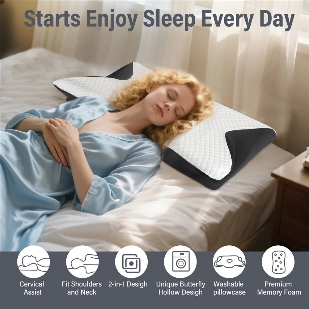 Butterfly Sleep Memory Neck Pillow Slow Rebound Comfortable Memory Foam Sleep Pillow Cervical Orthopedic Neck Massage Bed Pillow Ergonomic Contour Design Pillow with Breathable Pillowcase
