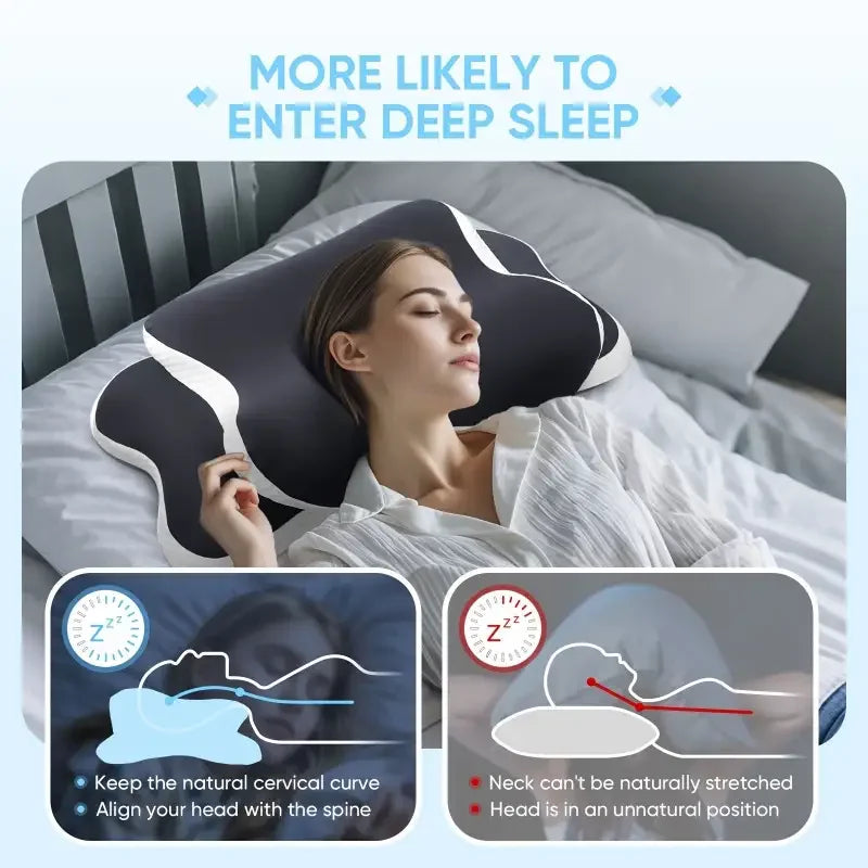 Ergonomic memory foam butterfly neck pillow, C-shaped/adjustable dual height, transparent cover support - side/supine/pillow sle