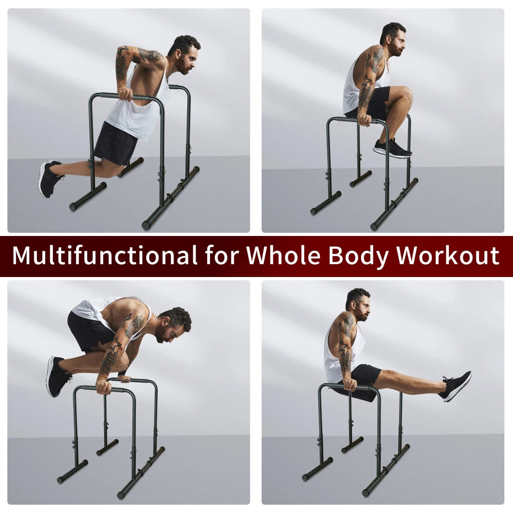 78-99cm Height Adjustable Dip Bar Station 50.8-69cm Adjustable Top Width 99-129cm Extendable Base Parallel Bars 249KG Weight Load Reinforced Steel Non Slip Rubber Feet Multi Functional Home Gym Workout Equipment for Push Up P
