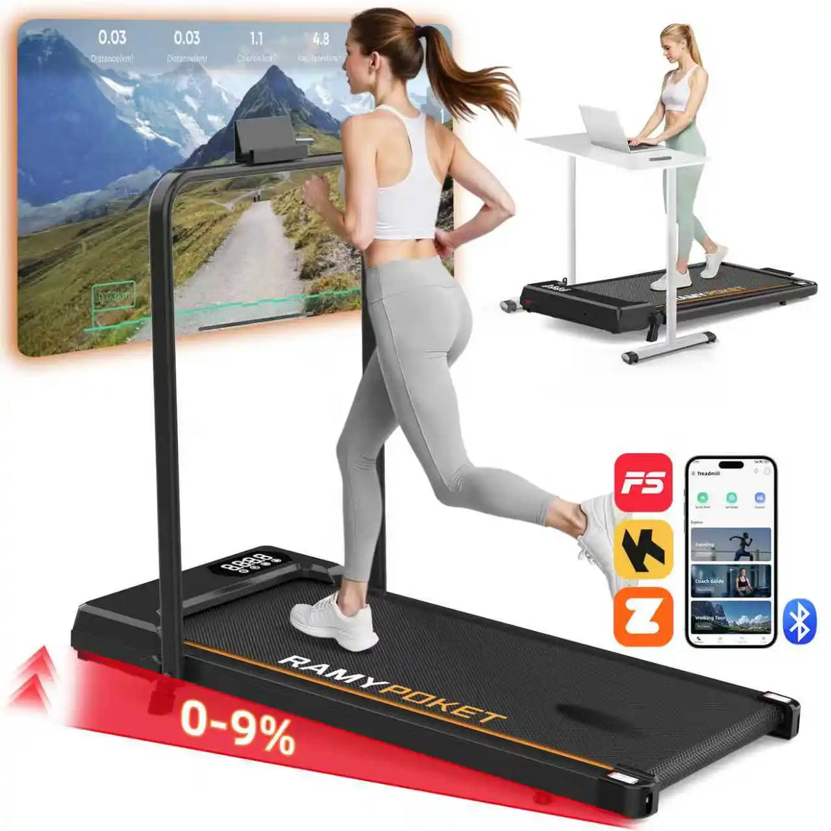 RAMYPOKET Walking Pad Foldable With Incline 9% , 2.5HP 1-10km/h Walking Pad With APP&LED, Max 150kg Treadmill For Home & Office