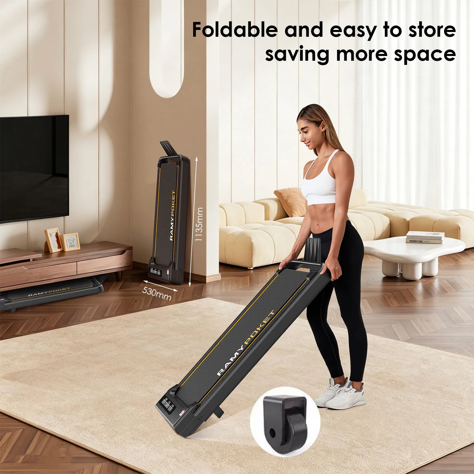 RAMYPOKET Walking Pad Foldable With Incline 9% , 2.5HP 1-10km/h Walking Pad With APP&LED, Max 150kg Treadmill For Home & Office