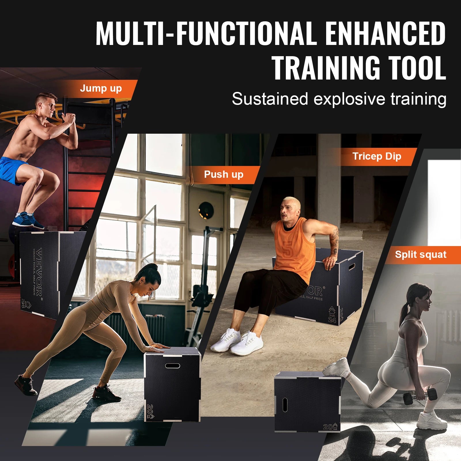 SucceBuy 3 in 1 Plyometric Jump Box Wooden Plyo Box Black For Home Gym Training Conditioning Strength Training