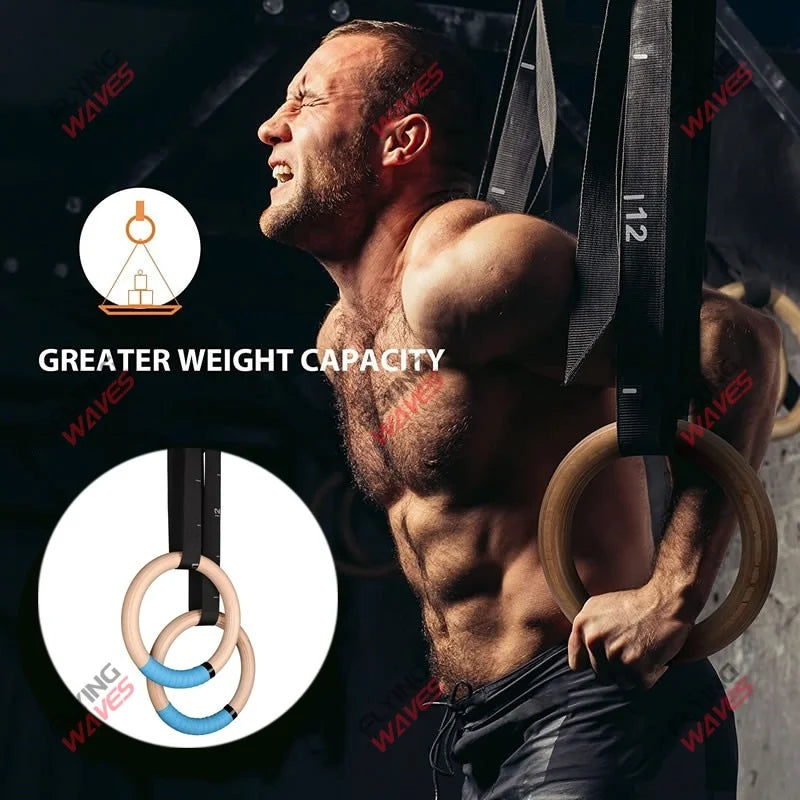 Wood Gymnastic Rings Adjustable Number Scale Straps Cam Buckle Rings 28/32mm Heavy Duty for Pull Up Bar Workout Exercise