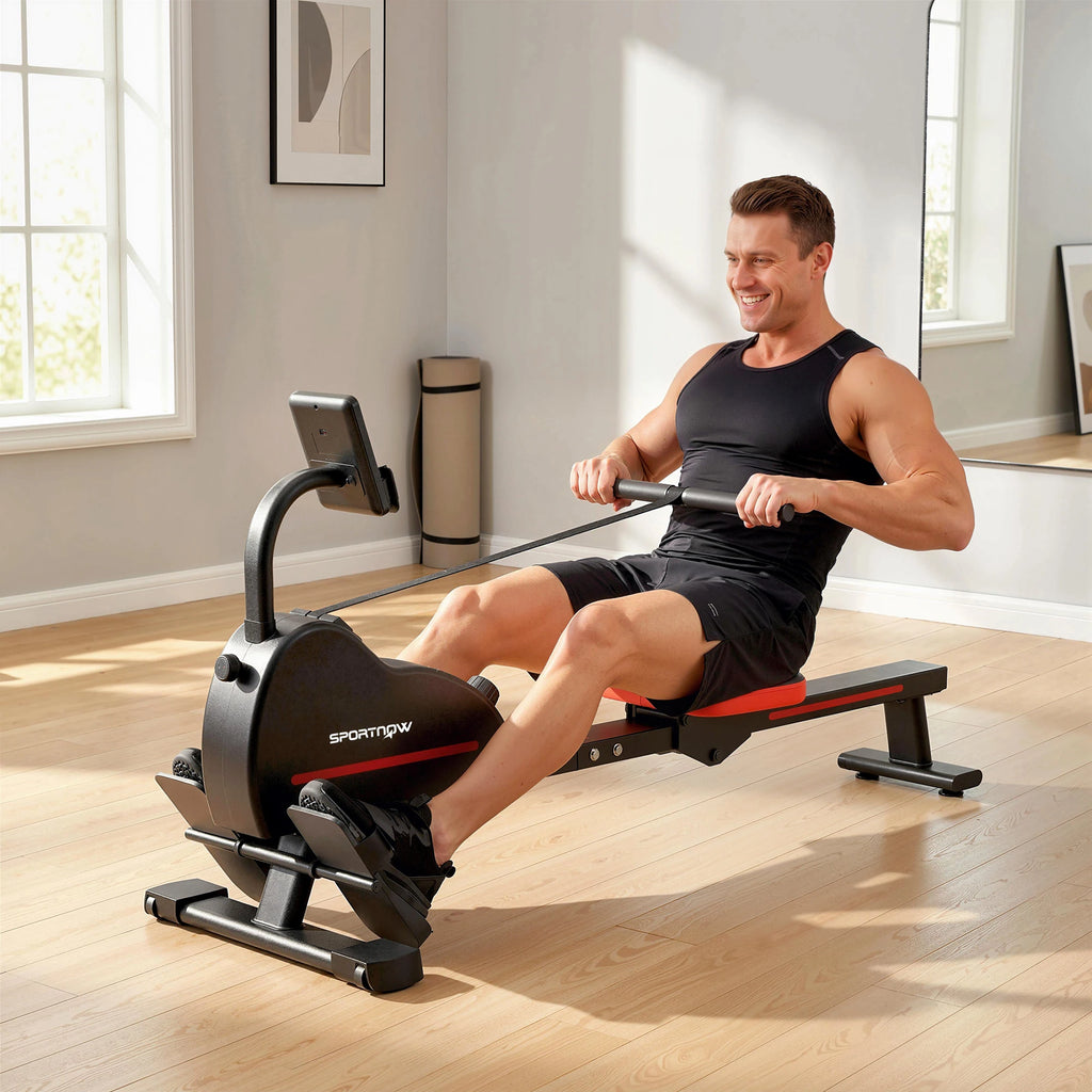 SPORTNOW Magnetic Rower Connected Bluetooth Bodybuilding Device Kinomap & Zwift 16 levels Resistance 135x42x72 Red cm