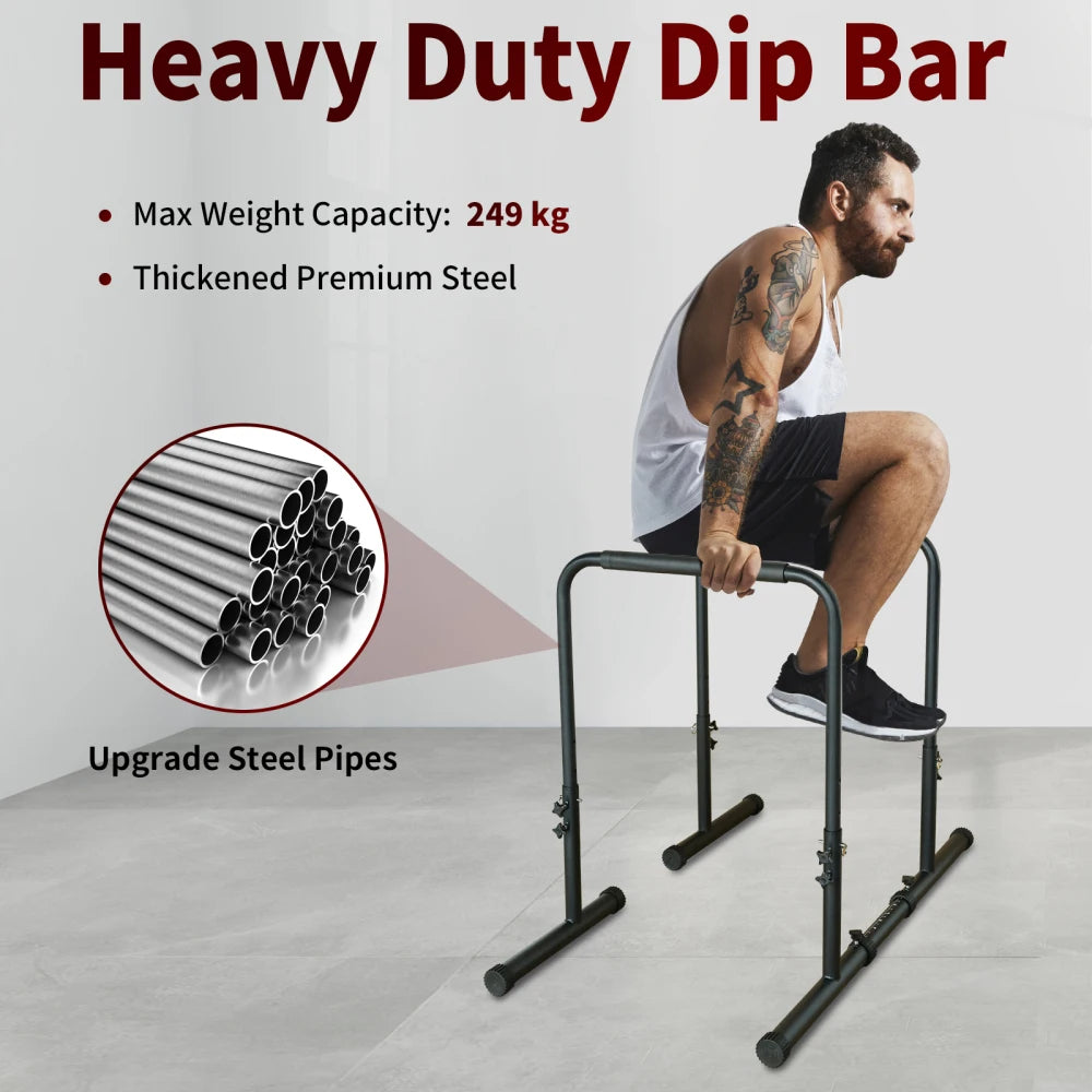 78-99cm Height Adjustable Dip Bar Station 50.8-69cm Adjustable Top Width 99-129cm Extendable Base Parallel Bars 249KG Weight Load Reinforced Steel Non Slip Rubber Feet Multi Functional Home Gym Workout Equipment for Push Up P