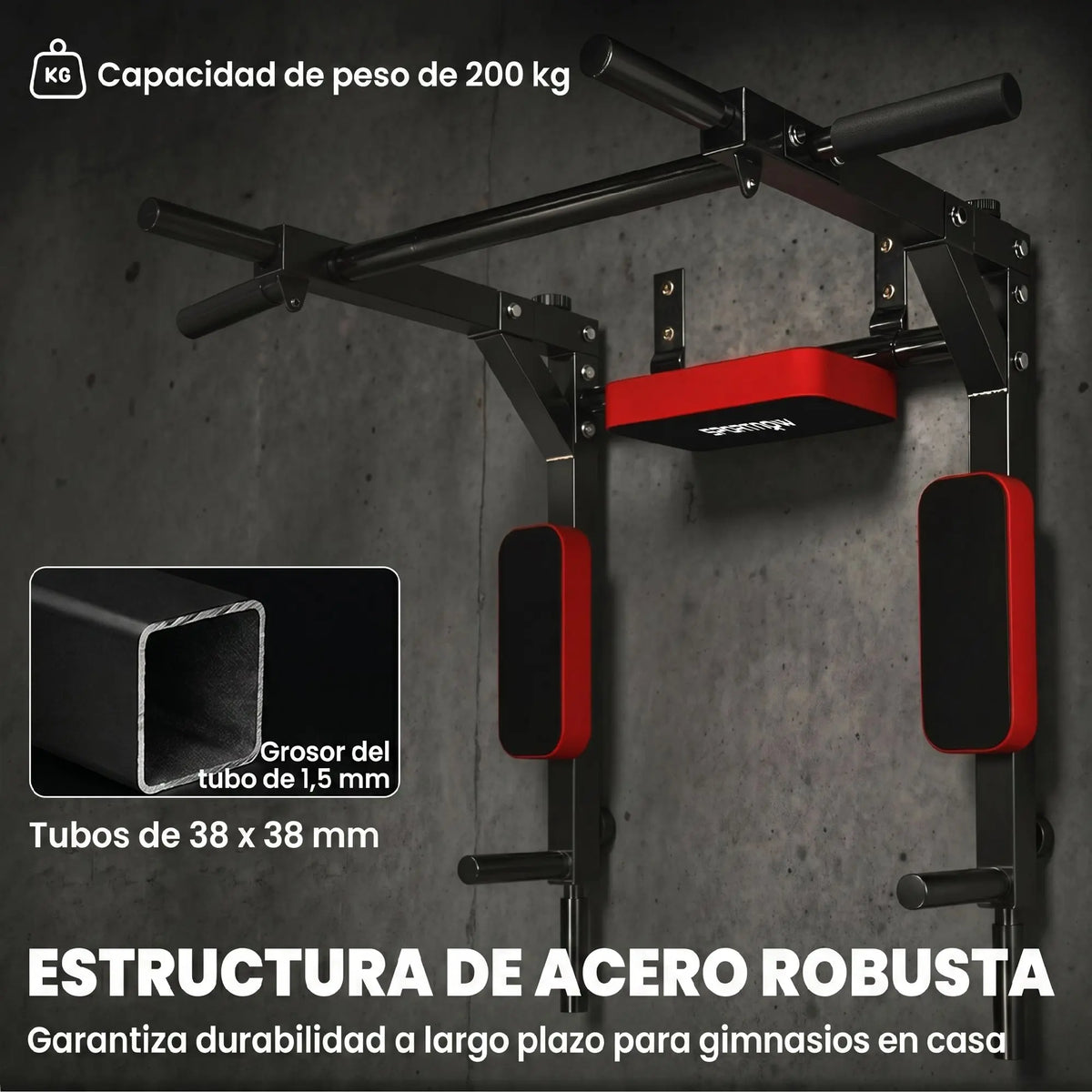 Sportnow Pull-Up Bar and Wall Mount 2 in 1, Multifunctional Pull-Up Bar with Non-Slip Handles, Load 200 Kg, for Exercise and Training at Home, Gym, Red