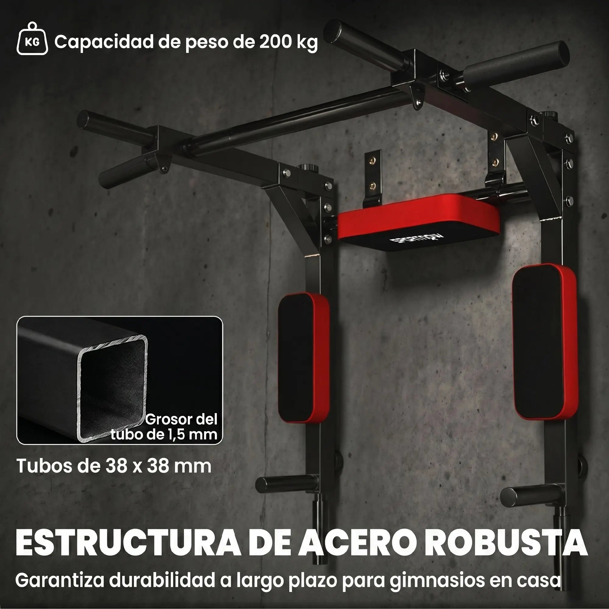 Sportnow Pull-Up Bar and Wall Mount 2 in 1, Multifunctional Pull-Up Bar with Non-Slip Handles, Load 200 Kg, for Exercise and Training at Home, Gym, Red