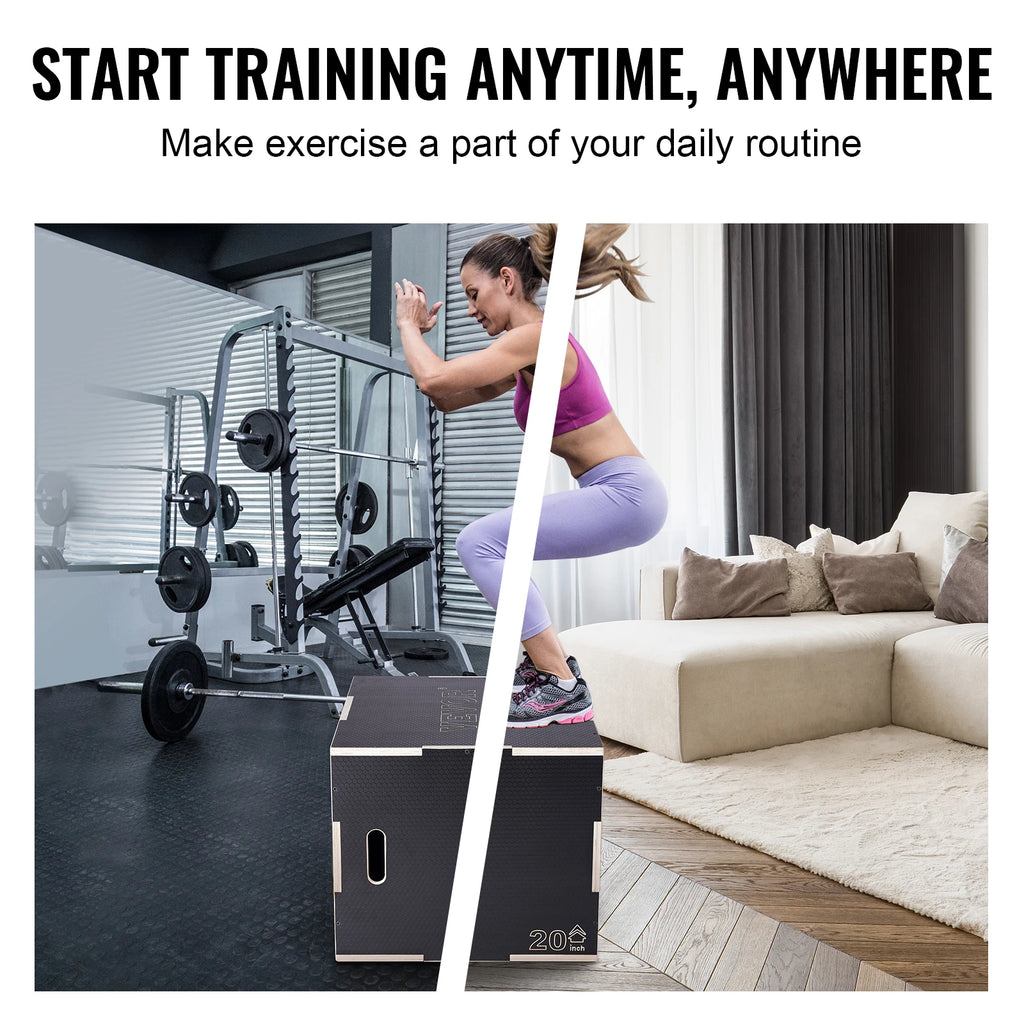 SucceBuy 3 in 1 Plyometric Jump Box Wooden Plyo Box Black For Home Gym Training Conditioning Strength Training