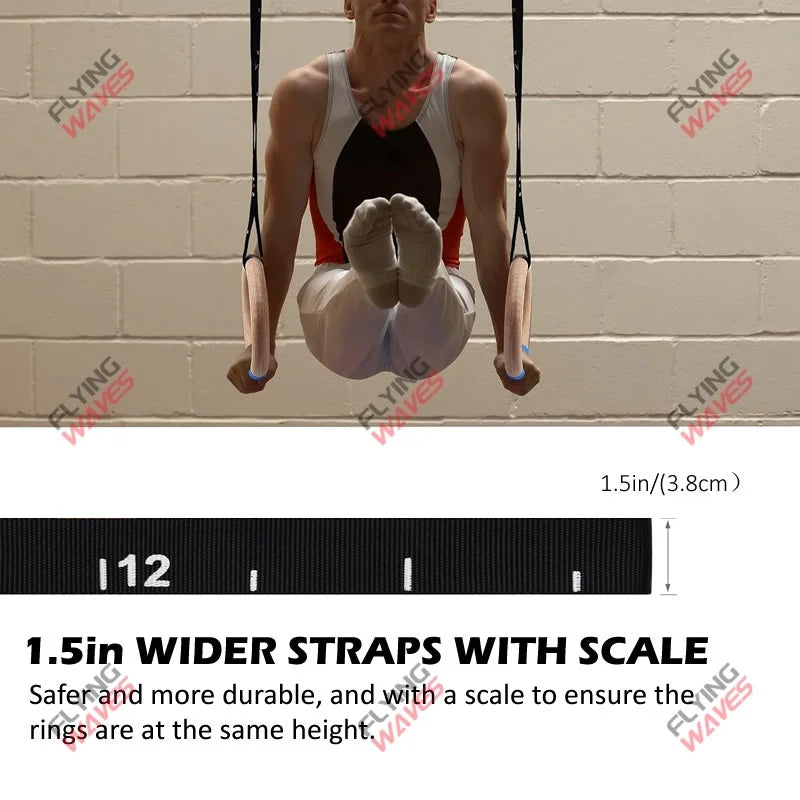 Wood Gymnastic Rings Adjustable Number Scale Straps Cam Buckle Rings 28/32mm Heavy Duty for Pull Up Bar Workout Exercise