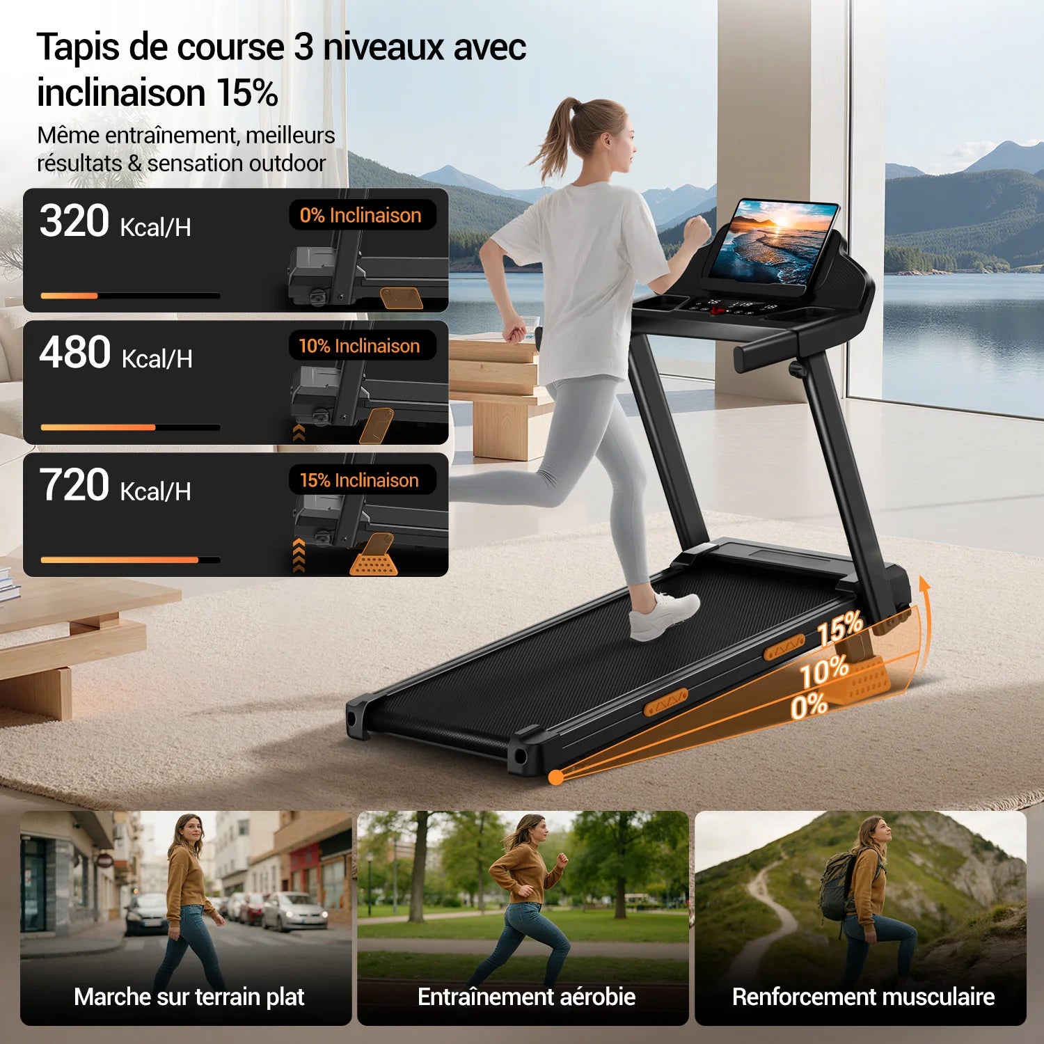 UMAY 3.0HP Home Treadmill 15% Manual Incline Foldable Running Machine 400LBS Weight Capacity LED Display Walking Pad For Indoor Workout