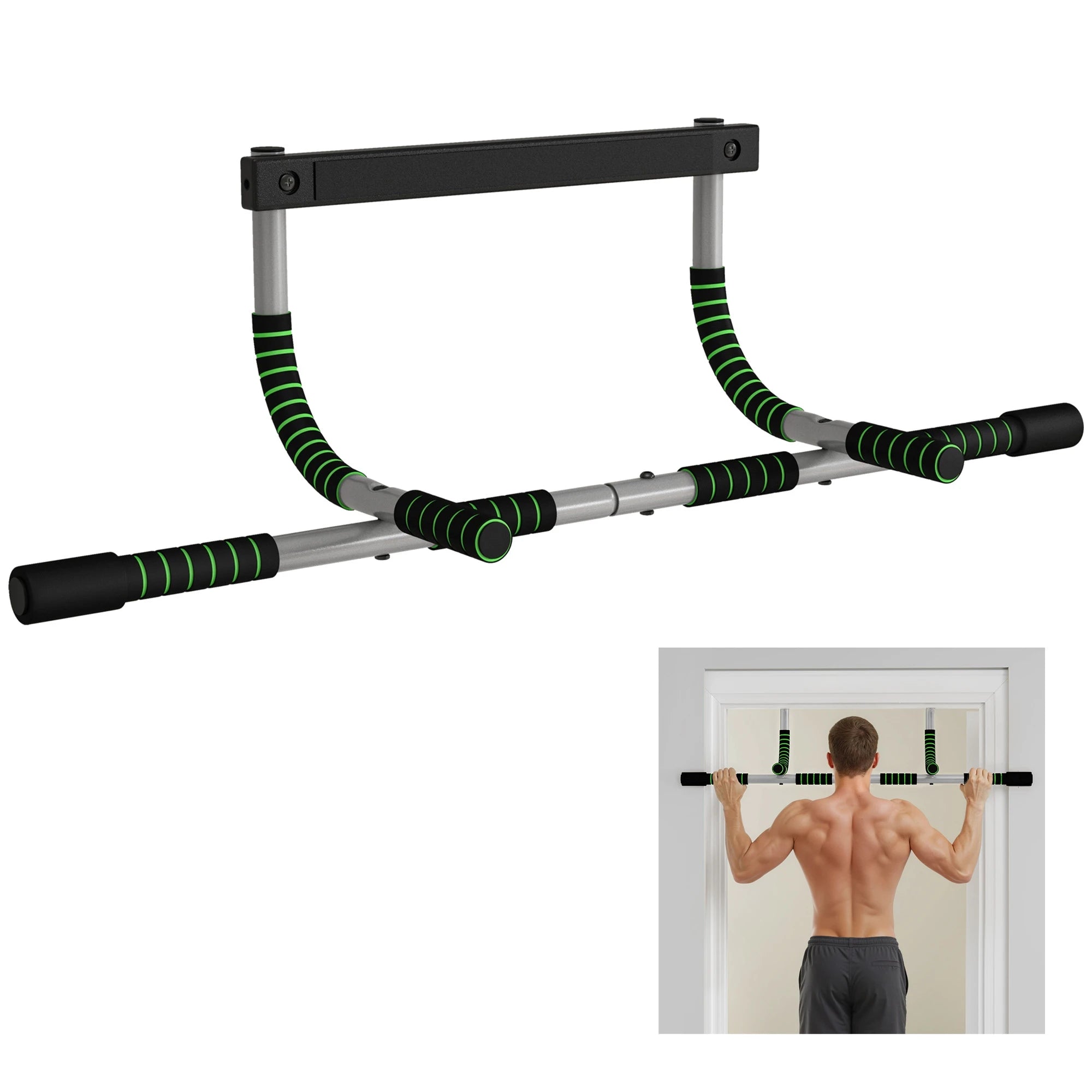 Homcom Multifunctional Pull-Up Bar Wall-Mounted Pull-Up Bar with Non-Slip Handles Load 110 kg for Exercise and Training at Home Gym Black and Green