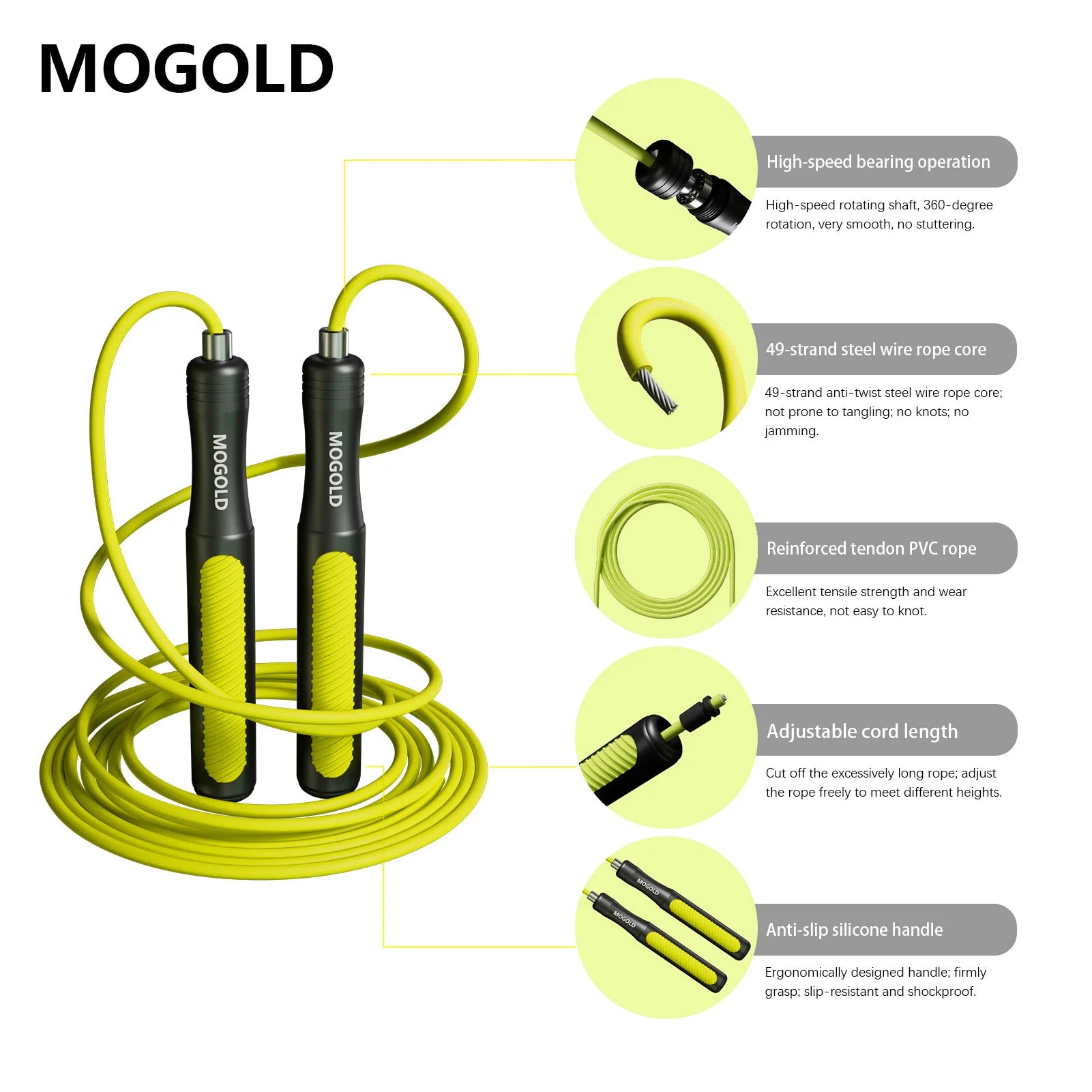MOGOLD Professional Speed Skipping Rope – Inner Steel Core, No Tangles, Sturdy Durable, Non-Slip Grip | Fitness Fat Loss